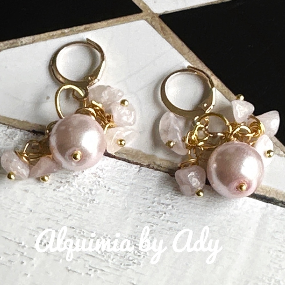 Bridesmaids Blush pink quartz and Gold Cluster Earrings